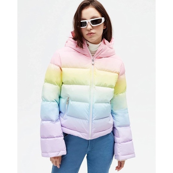 Perfect Moment Jacket Polar Flare Hooded Ombre Quilted Ski Pastel Rainbow XL GUC - Picture 1 of 15